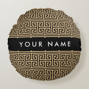Greek Meander Key H Brown, Your Name, Personalize Round Pillow