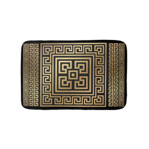 Greek Meander key ornament - black and gold Bath Mat