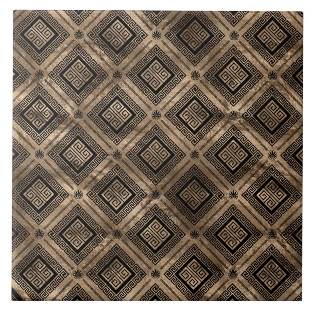 Greek Meander Key Pattern Black and gold Tile (Front)