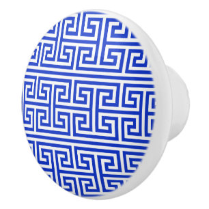 Greek Meander Key Square H Pattern Blue Ceramic Knob
