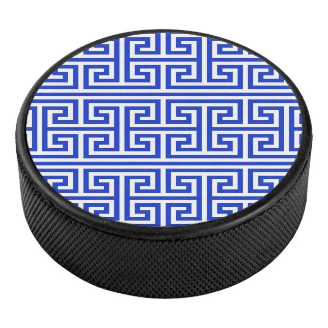 Greek Meander Key Square H Pattern Blue Hockey Puck (3/4)