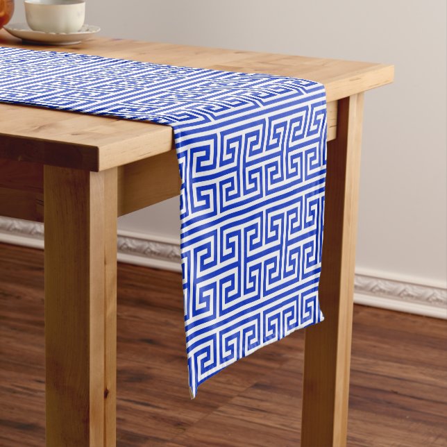 Greek Meander Key Square H Pattern Blue Short Table Runner (In Situ)