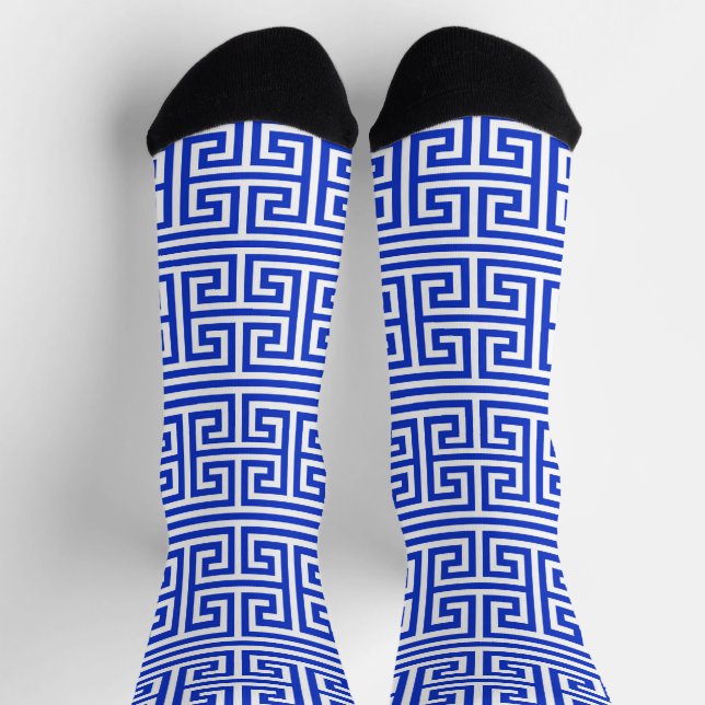 Greek Meander Key Square H Pattern Blue Socks (Top)