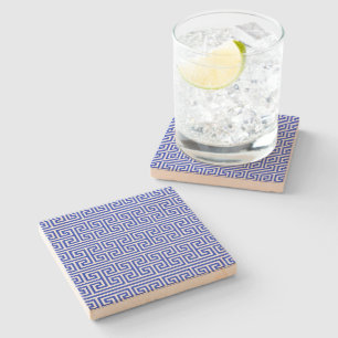 Greek Meander Key Square H Pattern Blue Stone Coaster