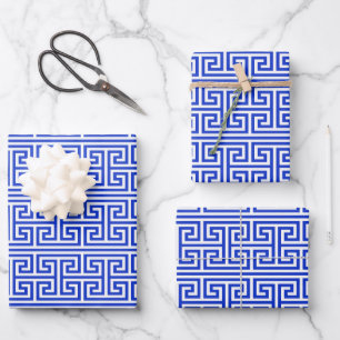 Greek Meander Key Square H Pattern Blue Wrapping Paper Sheet