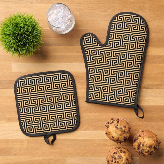 Greek Meander Key Square H Pattern Brown Oven Mitt & Pot Holder Set (Top Down)