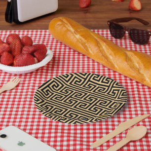 Greek Meander Key Square H Pattern Brown Paper Plate