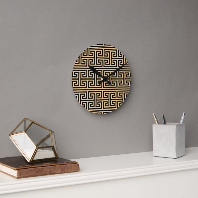 Greek Meander Key Square H Pattern Brown Round Clock (Office)