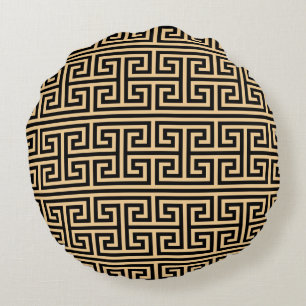 Greek Meander Key Square H Pattern Brown Round Pillow