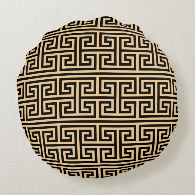 Greek Meander Key Square H Pattern Brown Round Pillow (Back)