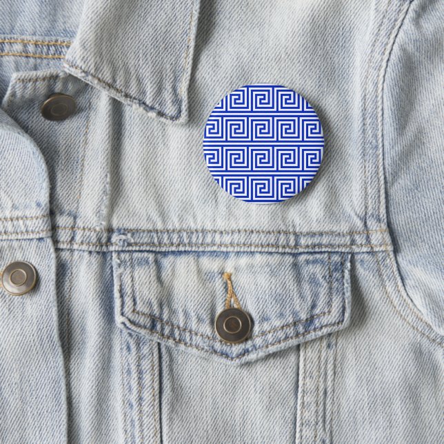 Greek Meander Key Squares Pattern Blue 2 Inch Round Button (In Situ)
