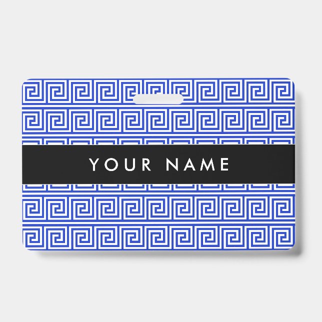 Greek Meander Key Squares Pattern Blue Badge (Front)