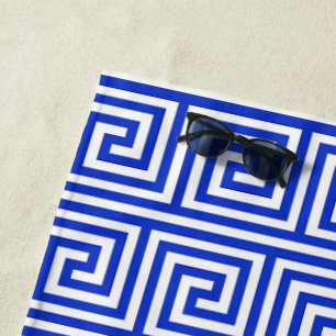 Greek Meander Key Squares Pattern Blue Beach Towel