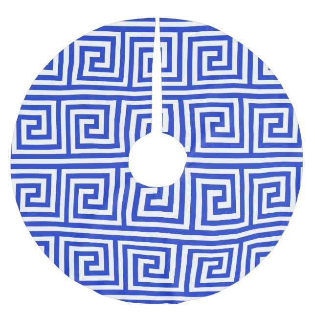 Greek Meander Key Squares Pattern Blue Brushed Polyester Tree Skirt (Front)