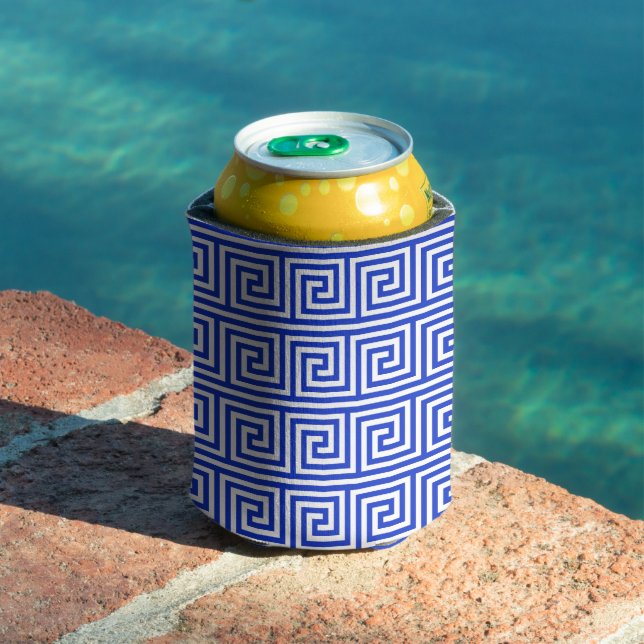 Greek Meander Key Squares Pattern Blue Can Cooler (In Situ Pool)