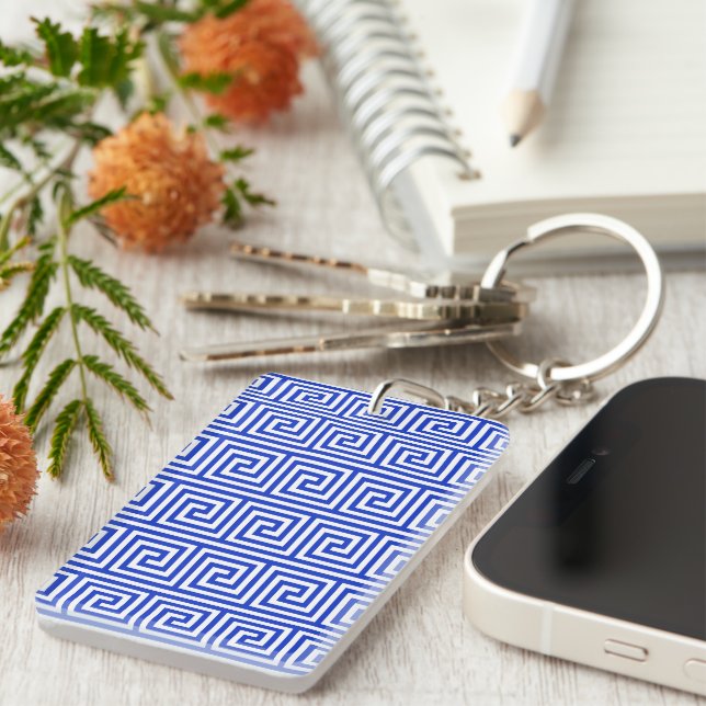 Greek Meander Key Squares Pattern Blue Keychain (Front Right)