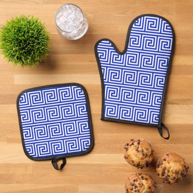 Greek Meander Key Squares Pattern Blue Oven Mitt & Pot Holder Set (Top Down)