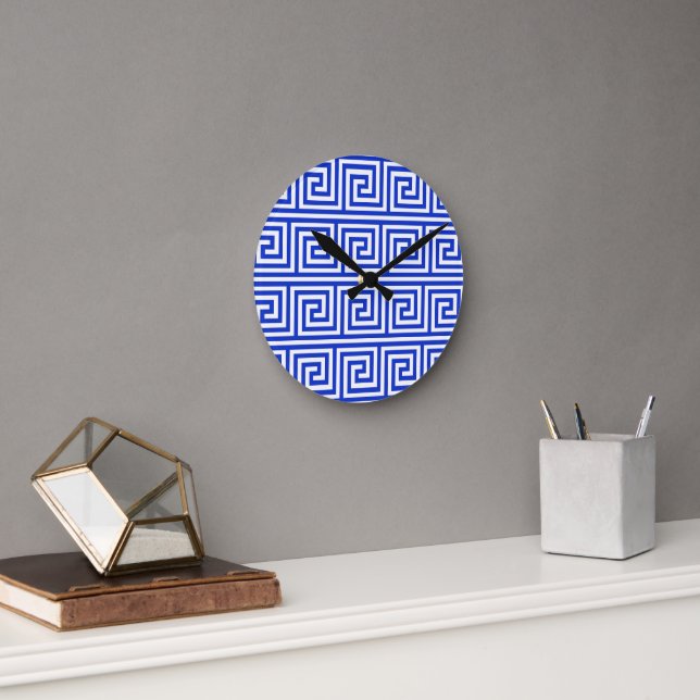 Greek Meander Key Squares Pattern Blue Round Clock (Office)