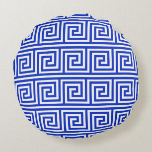 Greek Meander Key Squares Pattern Blue Round Pillow