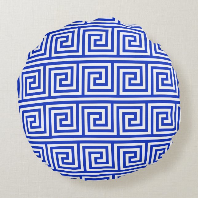 Greek Meander Key Squares Pattern Blue Round Pillow (Back)