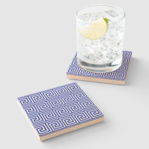 Greek Meander Key Squares Pattern Blue Stone Coaster