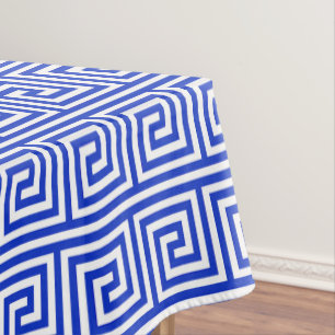 Greek Meander Key Squares Pattern Blue Tablecloth