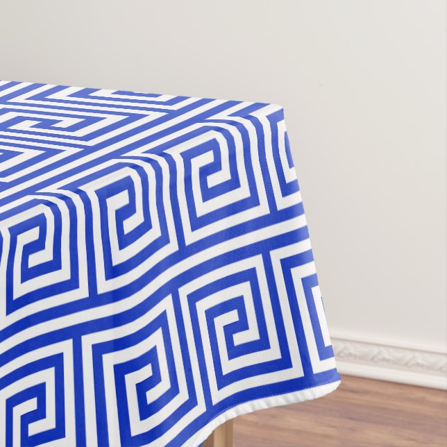 Greek Meander Key Squares Pattern Blue Tablecloth (In Situ)
