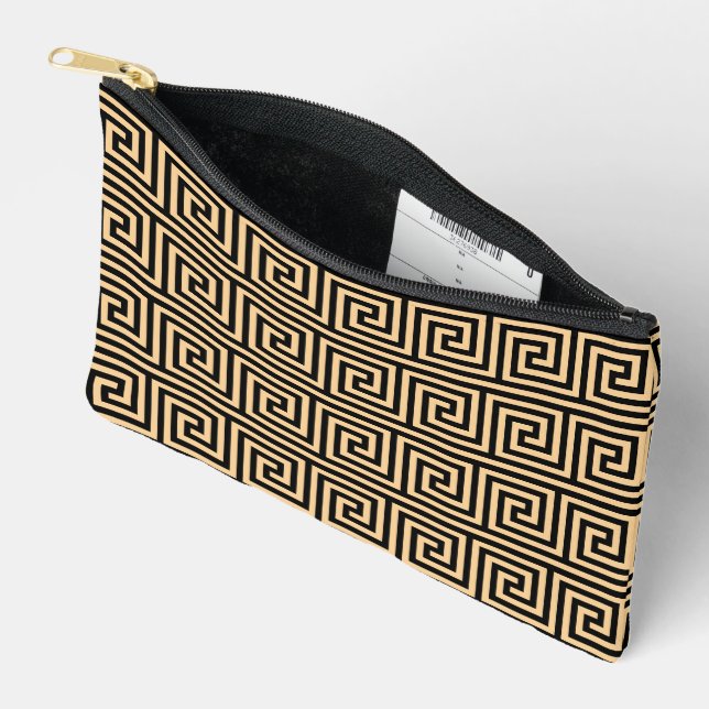 Greek Meander Key Squares Pattern Brown Accessory Pouch (Open)