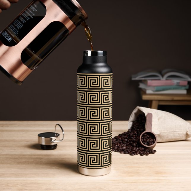 Greek Meander Key Squares Pattern Brown Water Bottle (Coffee)