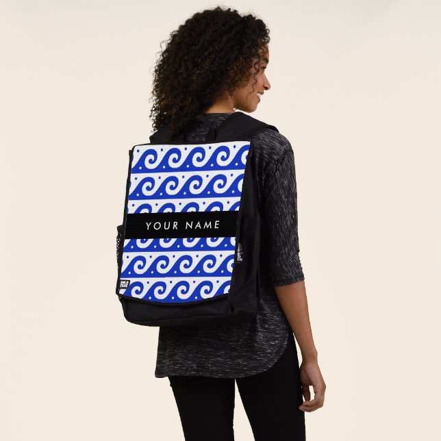 Greek Meander Key, Wave Key, Blue, Your Name Backpack (Worn)