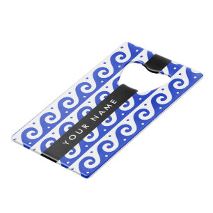 Greek Meander Key, Wave Key, Blue, Your Name Credit Card Bottle Opener