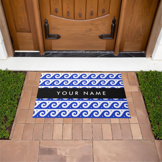 Greek Meander Key, Wave Key, Blue, Your Name Doormat (Outdoor)