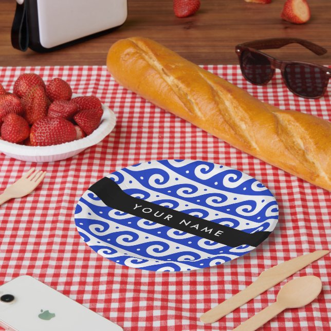 Greek Meander Key, Wave Key, Blue, Your Name Paper Plate (Picnic)