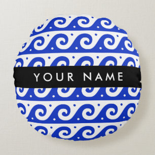 Greek Meander Key, Wave Key, Blue, Your Name Round Pillow