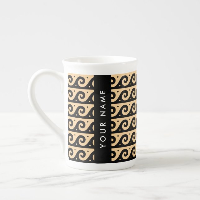 Greek Meander Key, Wave Key, Brown, Your Name Bone China Mug (Left)