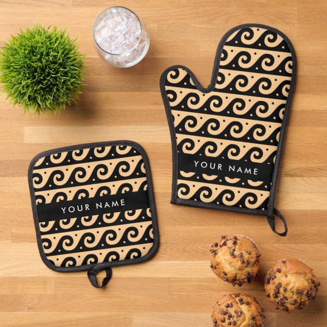 Greek Meander Key, Wave Key, Brown, Your Name Oven Mitt & Pot Holder Set (Top Down)