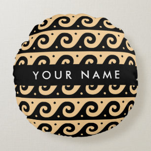 Greek Meander Key, Wave Key, Brown, Your Name Round Pillow