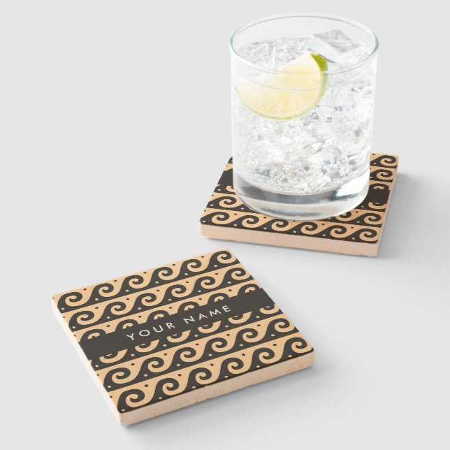 Greek Meander Key, Wave Key, Brown, Your Name Stone Coaster (Side)