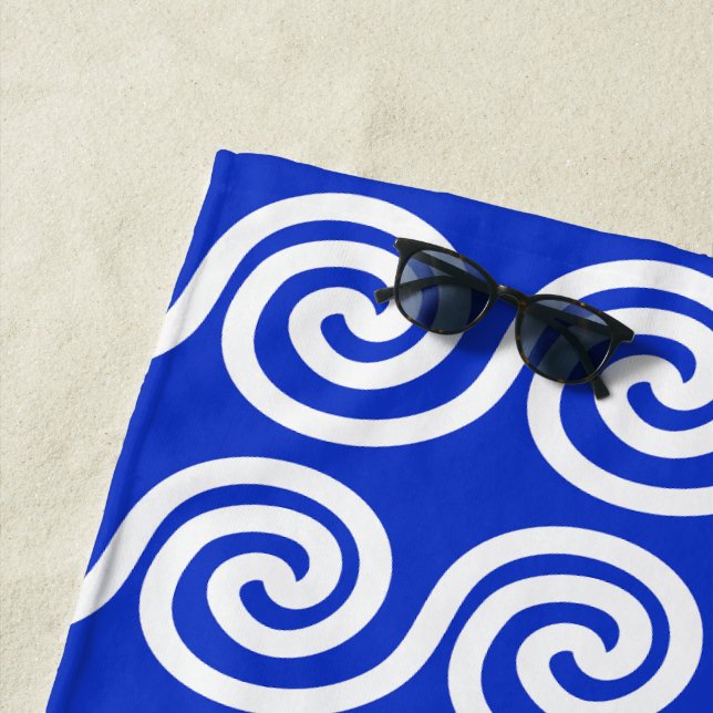 Greek Meander Key Waves Pattern Blue Beach Towel (In Situ)