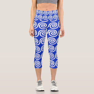 Greek Meander Key Waves Pattern Blue Capri Leggings