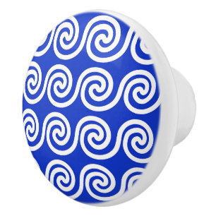 Greek Meander Key Waves Pattern Blue Ceramic Knob