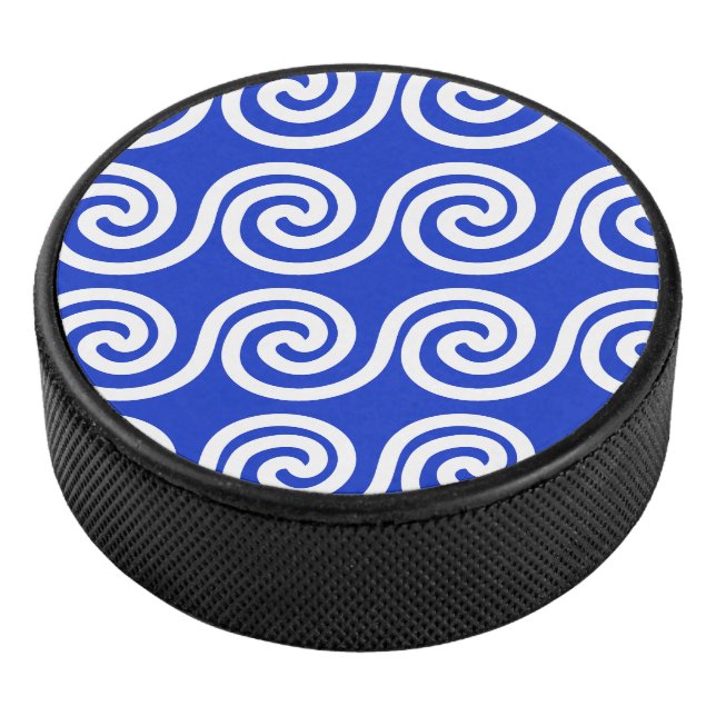 Greek Meander Key Waves Pattern Blue Hockey Puck (3/4)
