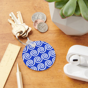 Greek Meander Key Waves Pattern Blue Keychain