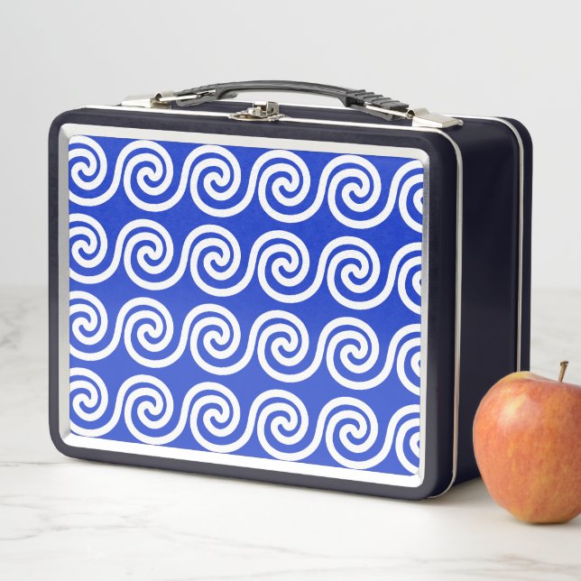 Greek Meander Key Waves Pattern Blue Metal Lunch Box (In Situ)