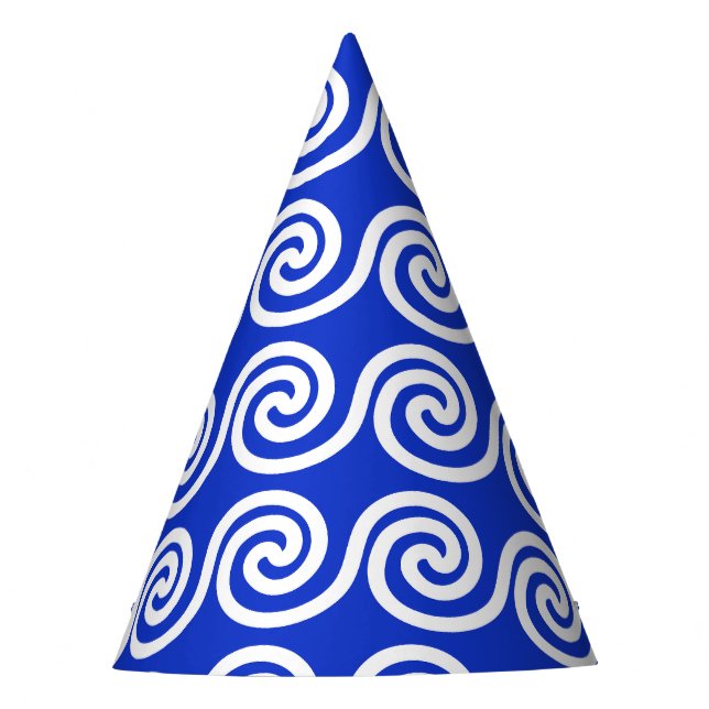 Greek Meander Key Waves Pattern Blue Party Hat (Front)