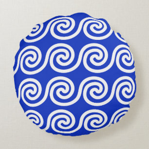 Greek Meander Key Waves Pattern Blue Round Pillow
