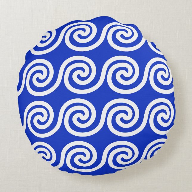 Greek Meander Key Waves Pattern Blue Round Pillow (Back)