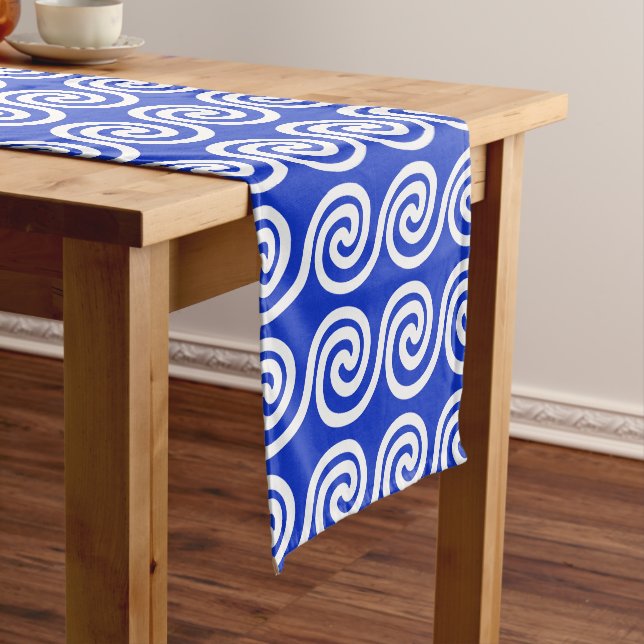 Greek Meander Key Waves Pattern Blue Short Table Runner (In Situ)