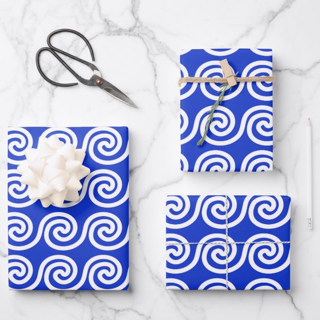 Greek Meander Key Waves Pattern Blue Wrapping Paper Sheet (Front)