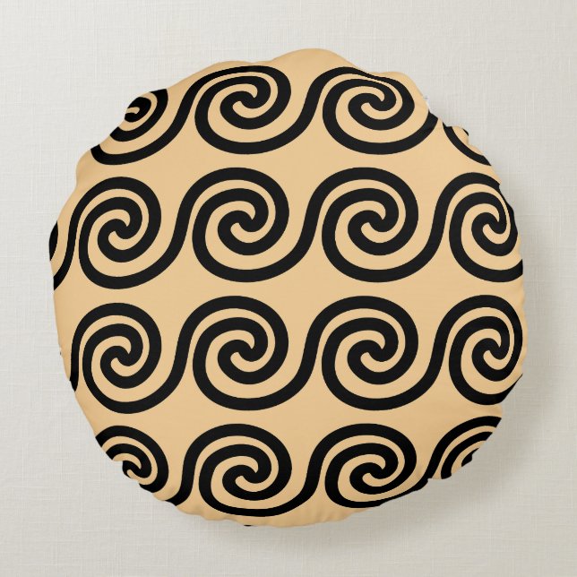 Greek Meander Key Waves Pattern Brown Round Pillow (Back)